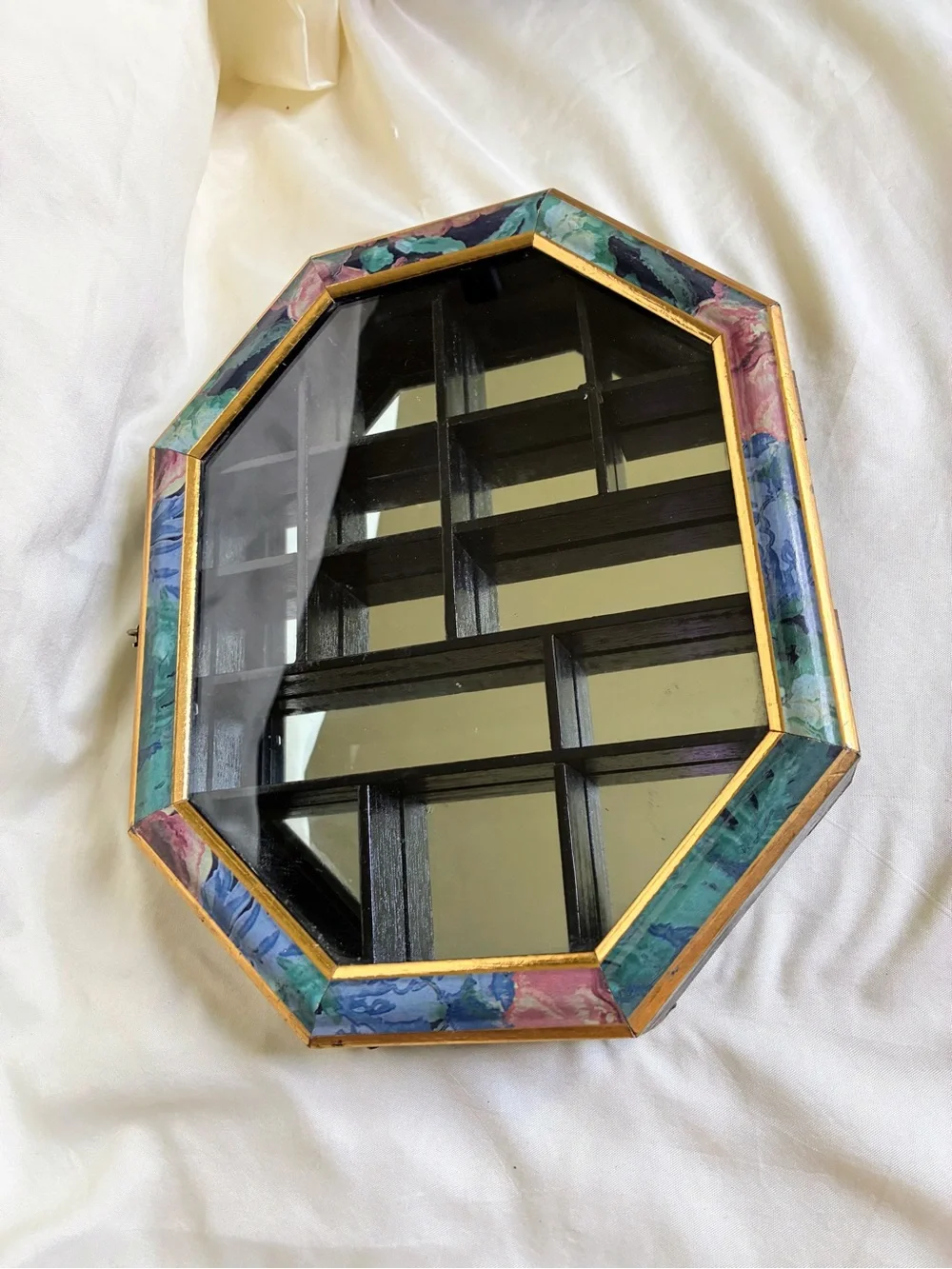 Octagon Display Case With mirror with colorful floral patterned frame